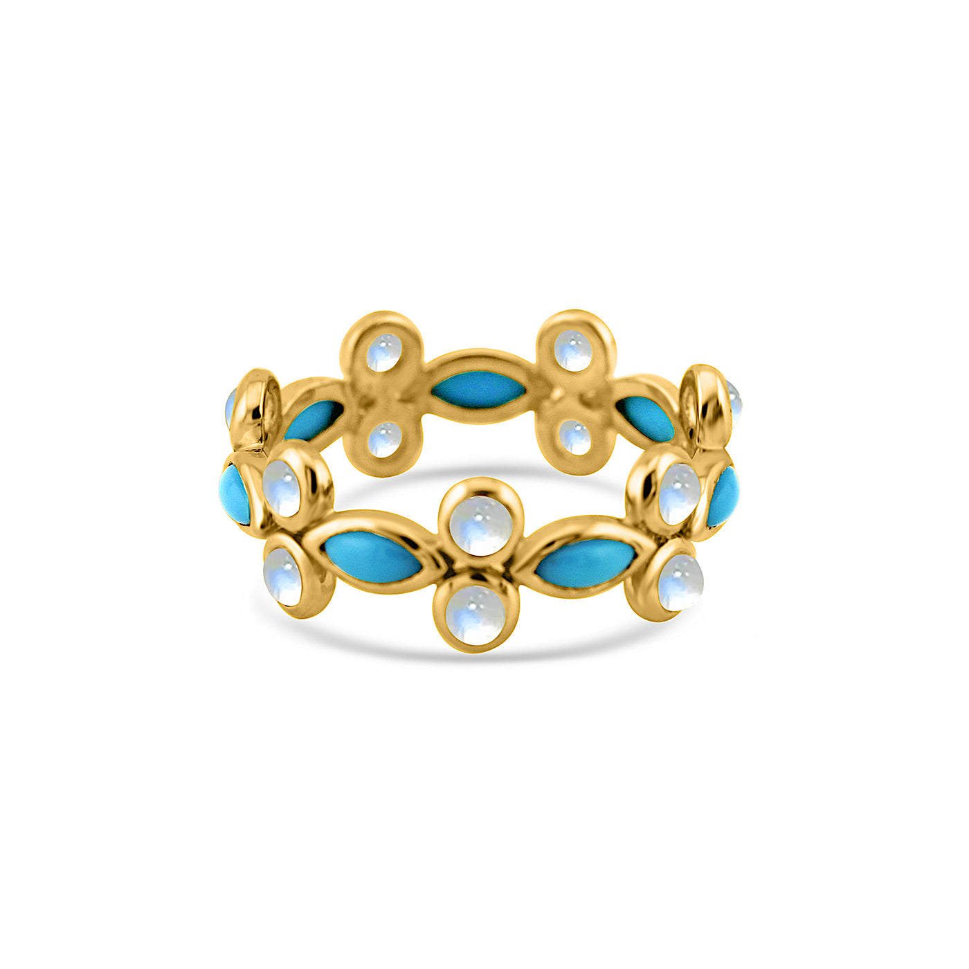 Turquoise Marquise & Rainbow Moonstone Round Ring In 18K Yellow Gold