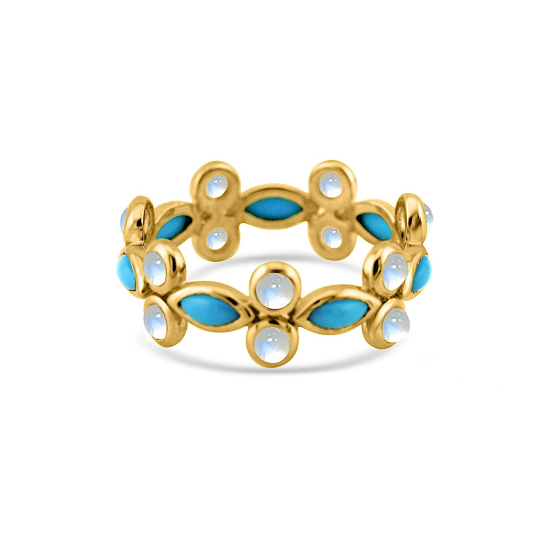 Turquoise Marquise & Rainbow Moonstone Round Ring In 18K Yellow Gold