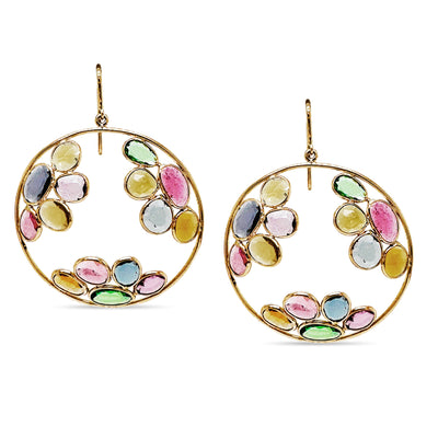 18K gold multicolor stone earrings – statement handcrafted fine jewelry 18K gold multi-gemstone hoop earrings flatlay – colorful handcrafted statement jewelry by Tresor Collection