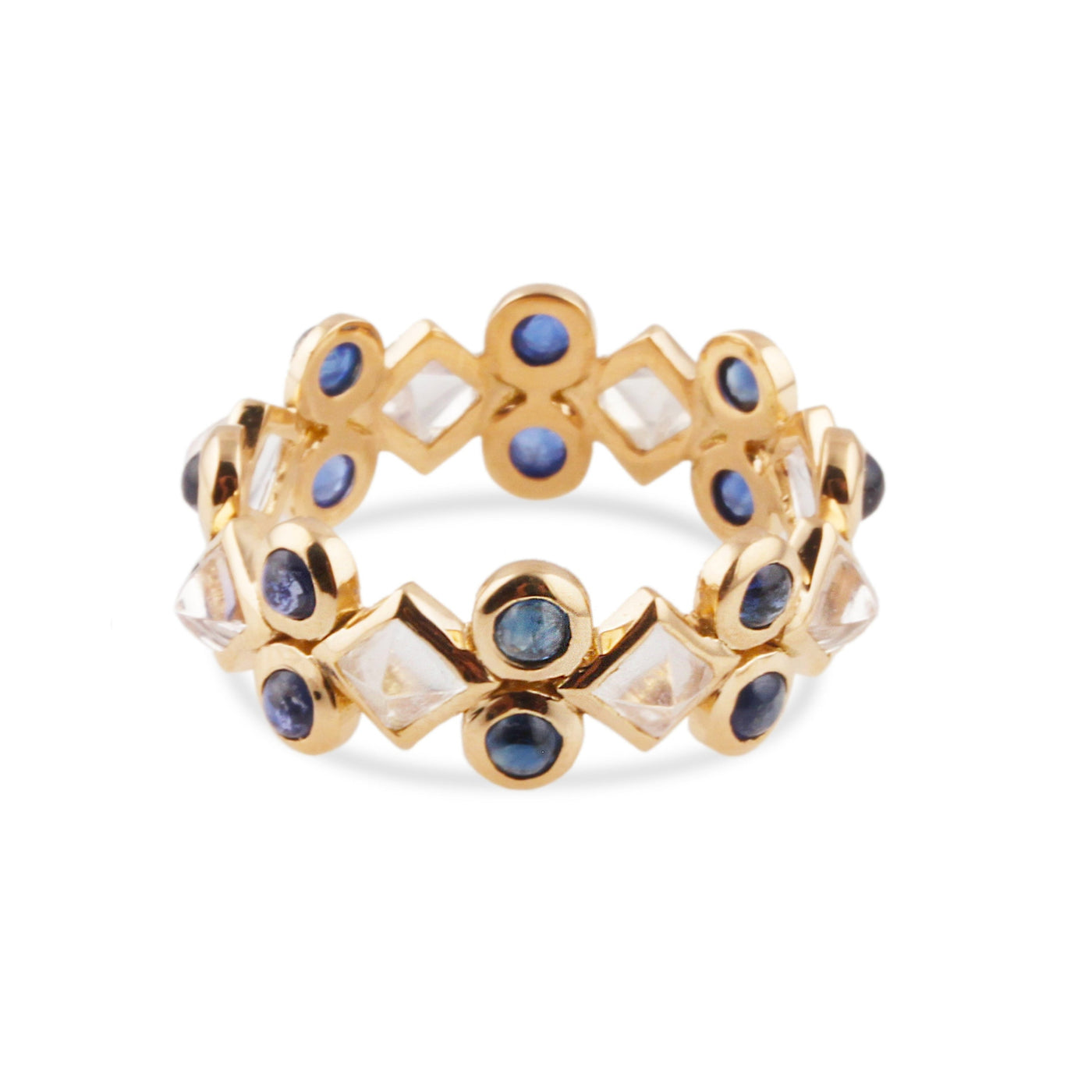 Blue Sapphire Round & Rainbow Moonstone Square Ring In 18K Yellow Gold