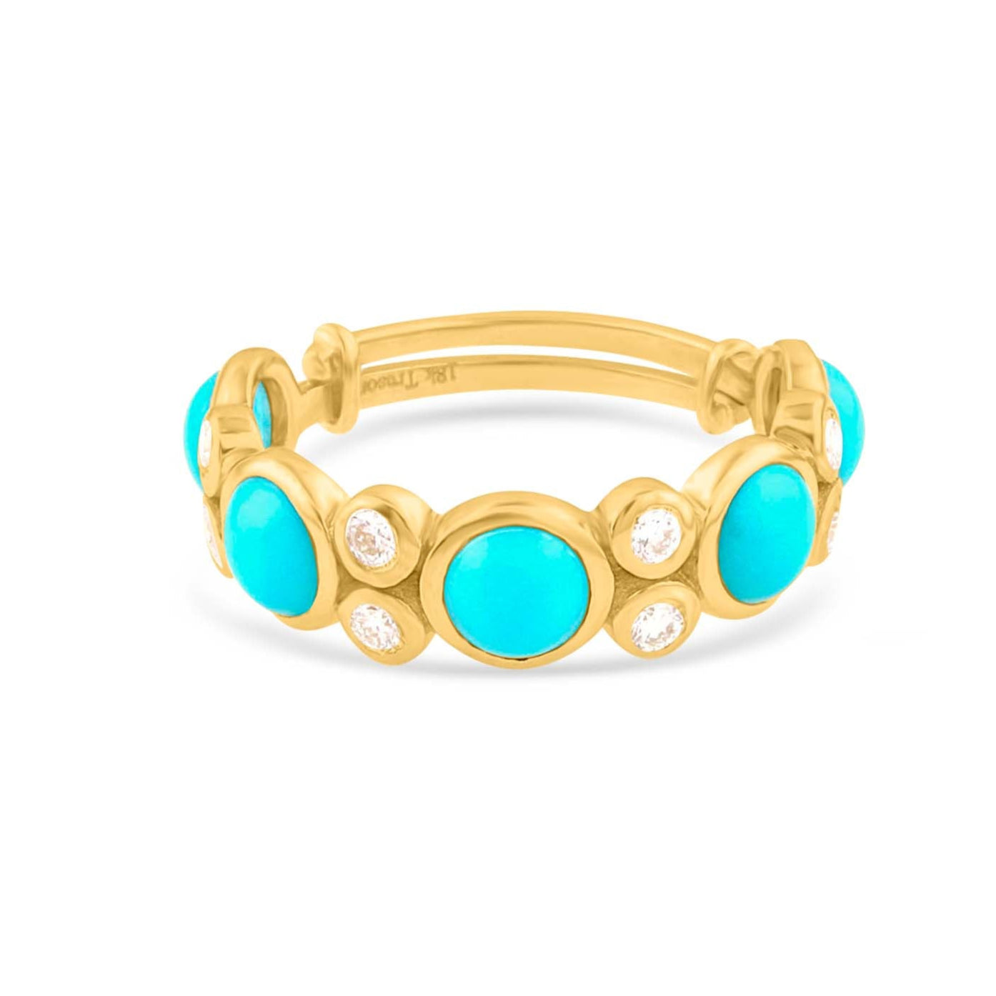 Gold bracelet with turquoise stones on a white background 18K gold turquoise and diamond ring flatlay – luxury fine jewelry by Tresor Collection