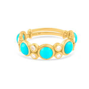 Gold bracelet with turquoise stones on a white background 18K gold turquoise and diamond ring flatlay – luxury fine jewelry by Tresor Collection