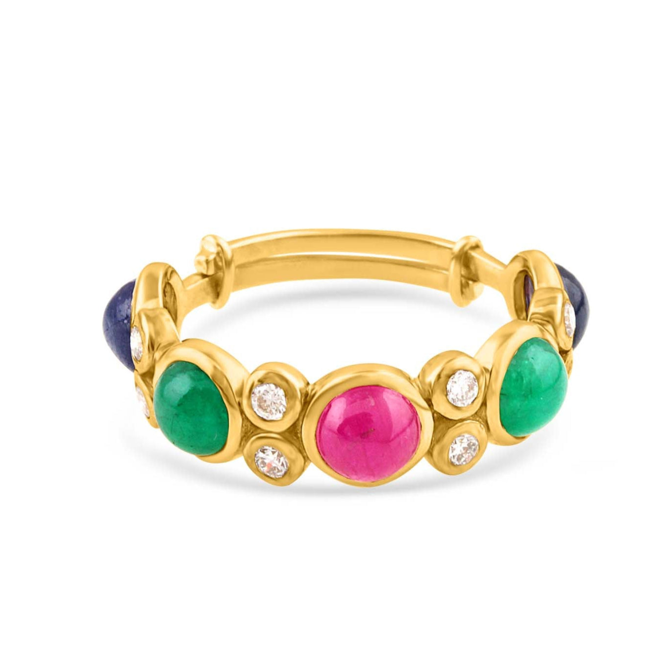 Emerald, Ruby And Blue Sapphire And Diamond Round Ring With 18 Kt Gold