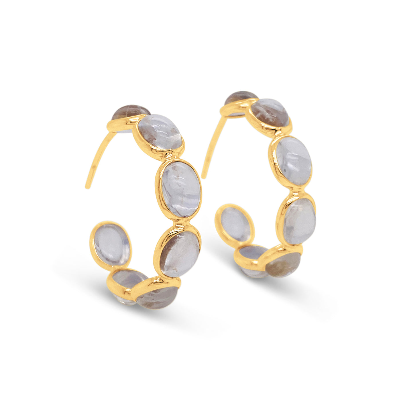 Rainbow Moonstone Oval Hoop Earring In 18K Yellow Gold