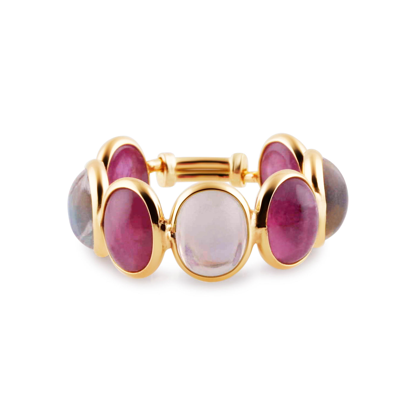 Rainbow Moonstone And Ruby Oval Ring In 18K Yellow Gold