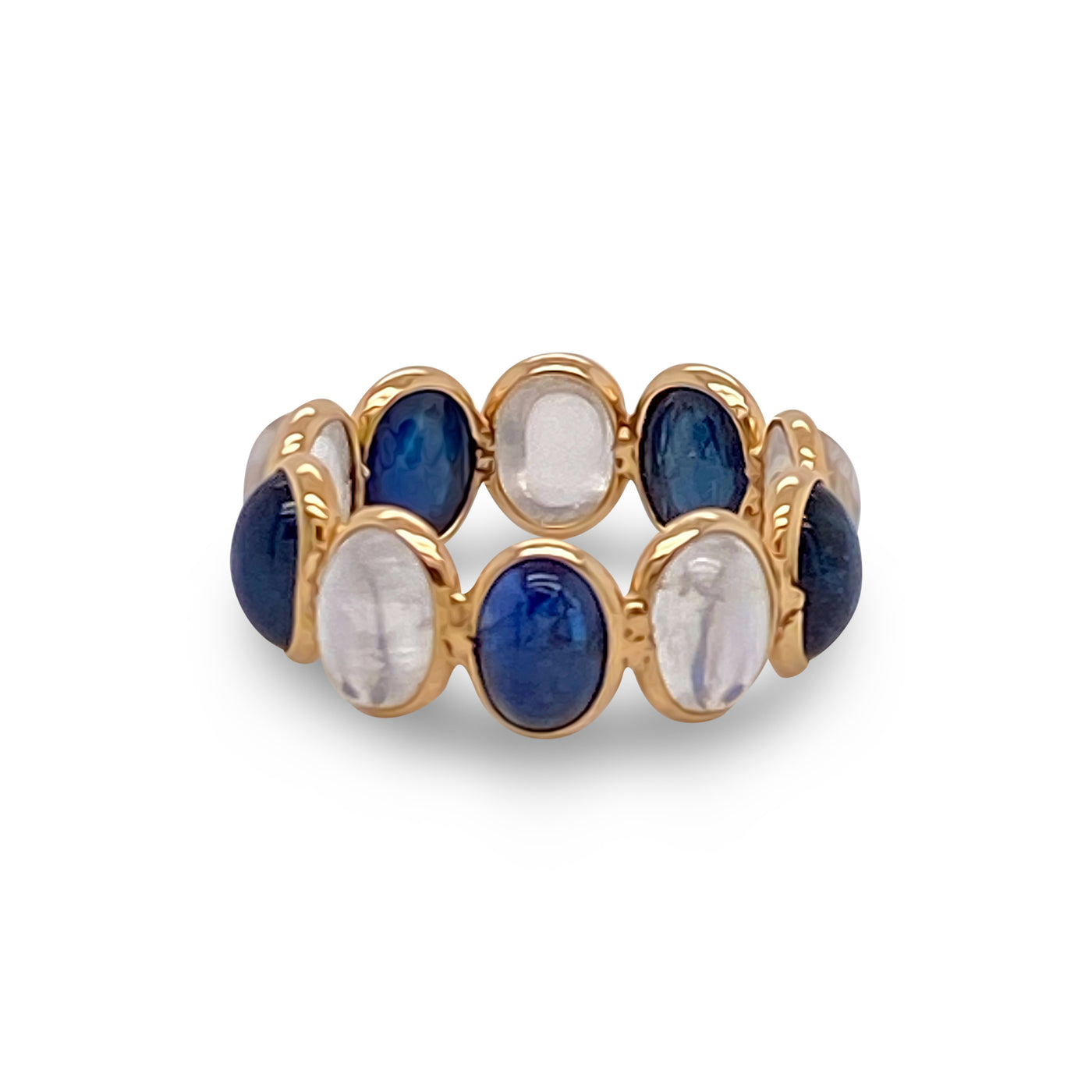 Rainbow Moonstone And Blue Sapphire Oval Ring In 18K Yellow Gold