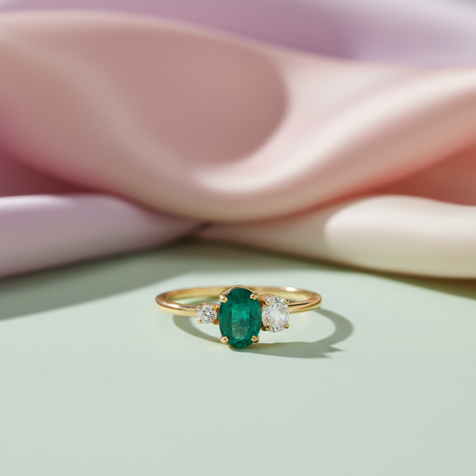 Gold ring with a green gemstone on a soft pink fabric background Close-up of emerald and diamond ring on gold band – luxury jewelry with fine craftsmanship