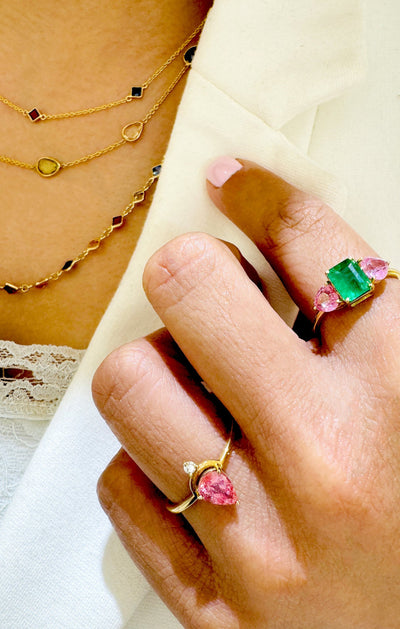 Pink tourmaline ring on model – handcrafted 18K gold designer jewelry by Tresor Collection