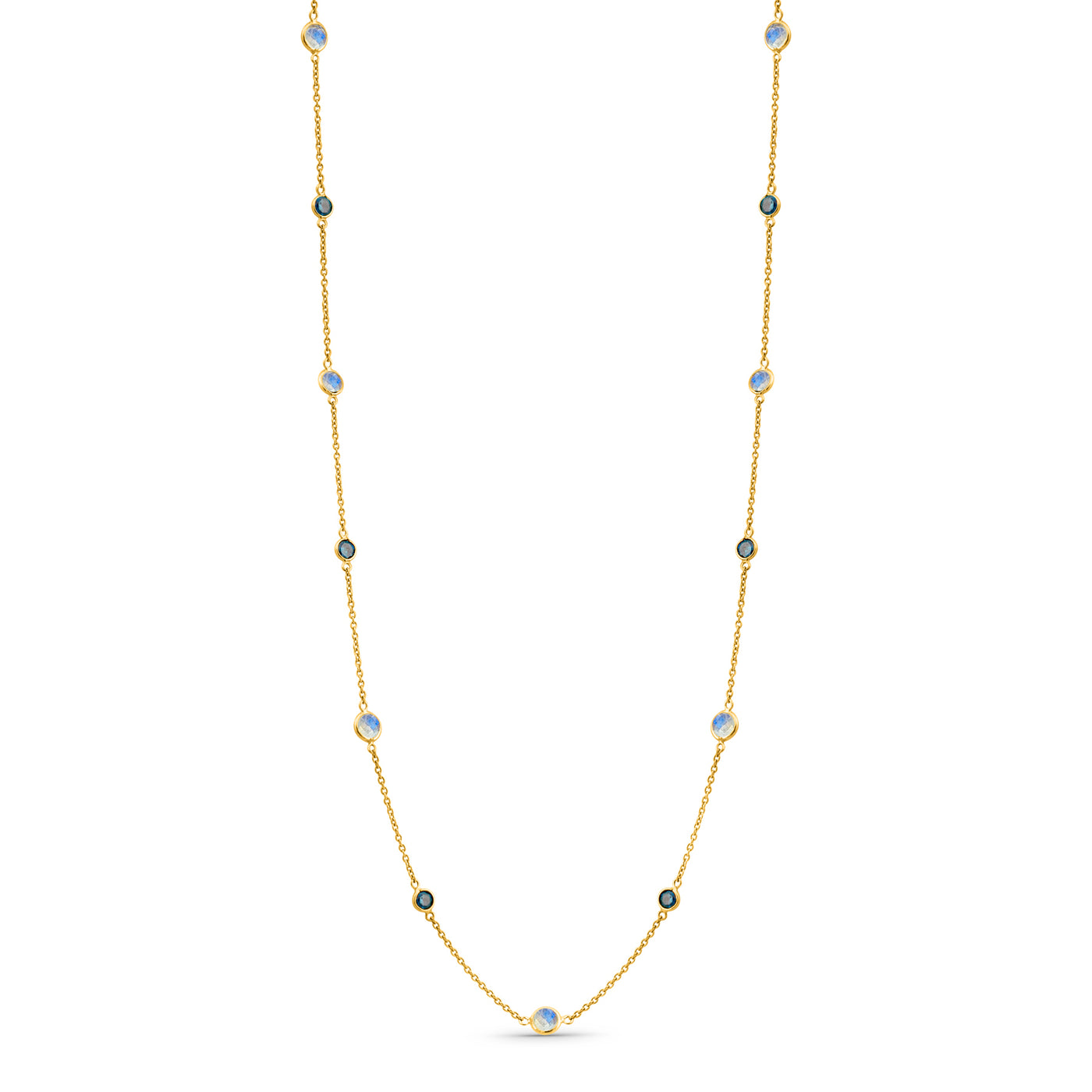 Rainbow Moonstone & Blue Diamond Round Necklace In 18K Yellow Gold