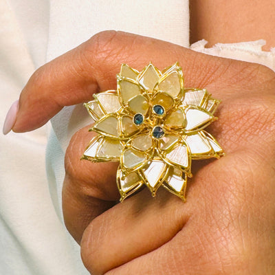 Floral cocktail ring on hand – luxury 18K yellow gold designer ring for special occasions by Tresor Collection