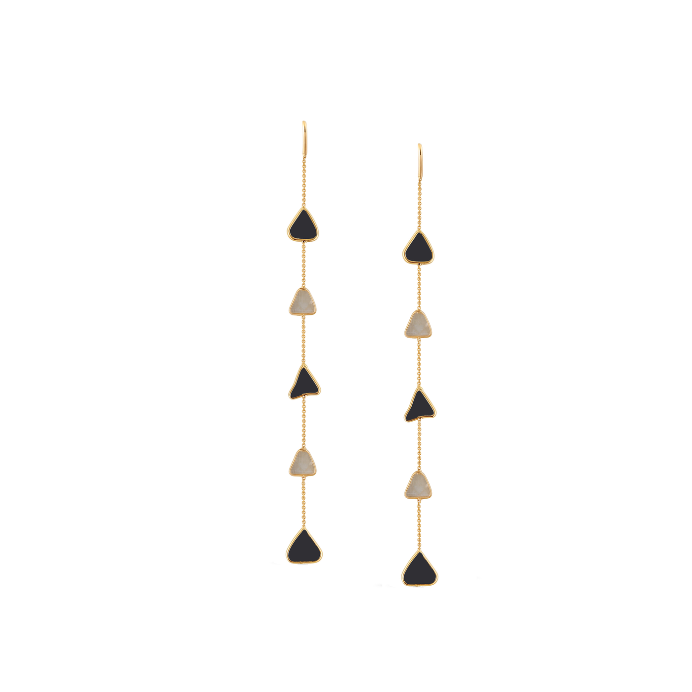 18K Gold Organic Black & White Diamond Slice earrings flatlay – handcrafted Tresor Organica Collection