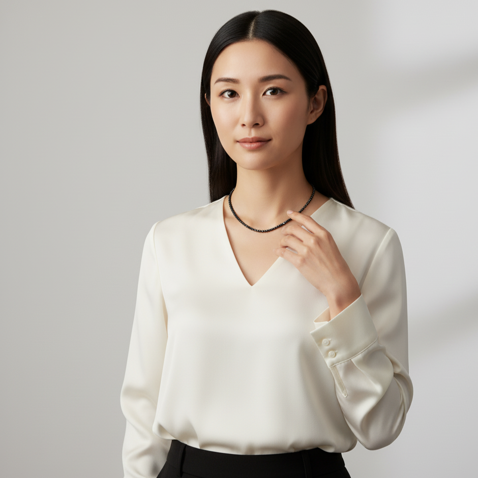 Woman wearing a white blouse with long sleeves on a plain background