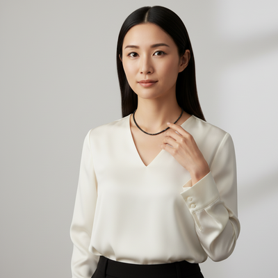 Woman wearing a white blouse with long sleeves on a plain background