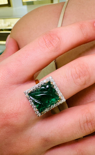 Emerald Carving And Diamond Ring In 18K Yellow Gold