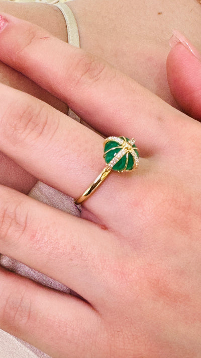 Emerald Beads & Diamond Ring In 18K Yellow Gold