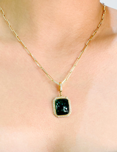 Emerald Rectangle & Diamond Pendant In 18K Yellow Gold