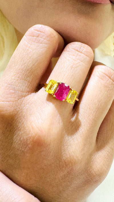 Ruby And Yellow Sapphire Rectangle Ring In 18K Yellow Gold