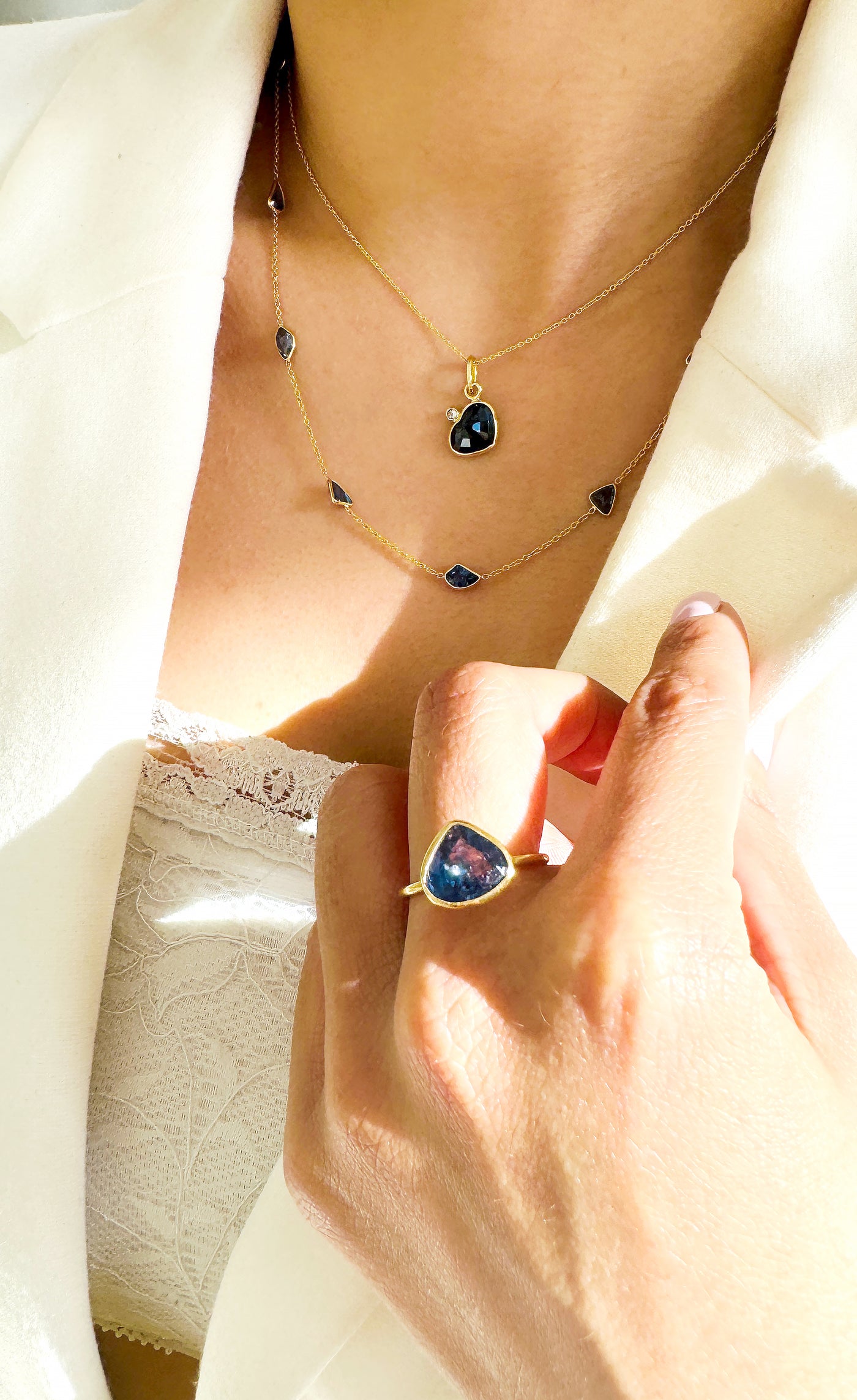 Blue Sapphire Multishape Station Necklace 18K Yellow Gold