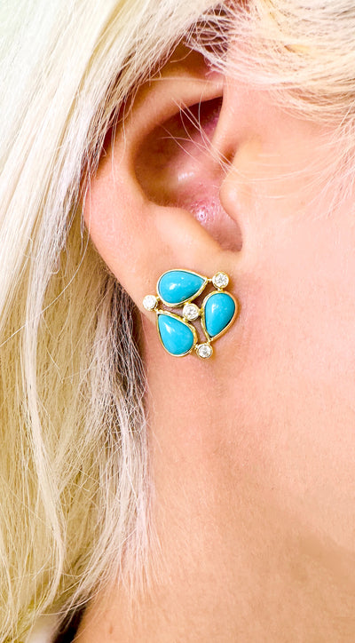 Turquoise Pear shape & Diamond Earring In 18K Yellow Gold