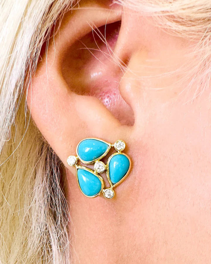 Turquoise Pear Shape & Diamond Earring Stud In 18K Yellow Gold