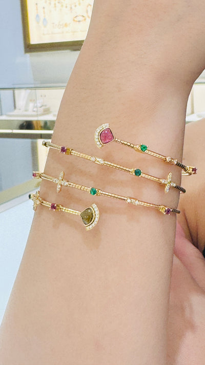 Multicolor Gemstone & Diamond 3 Row Symphony Bracelet In 18K Yellow Gold