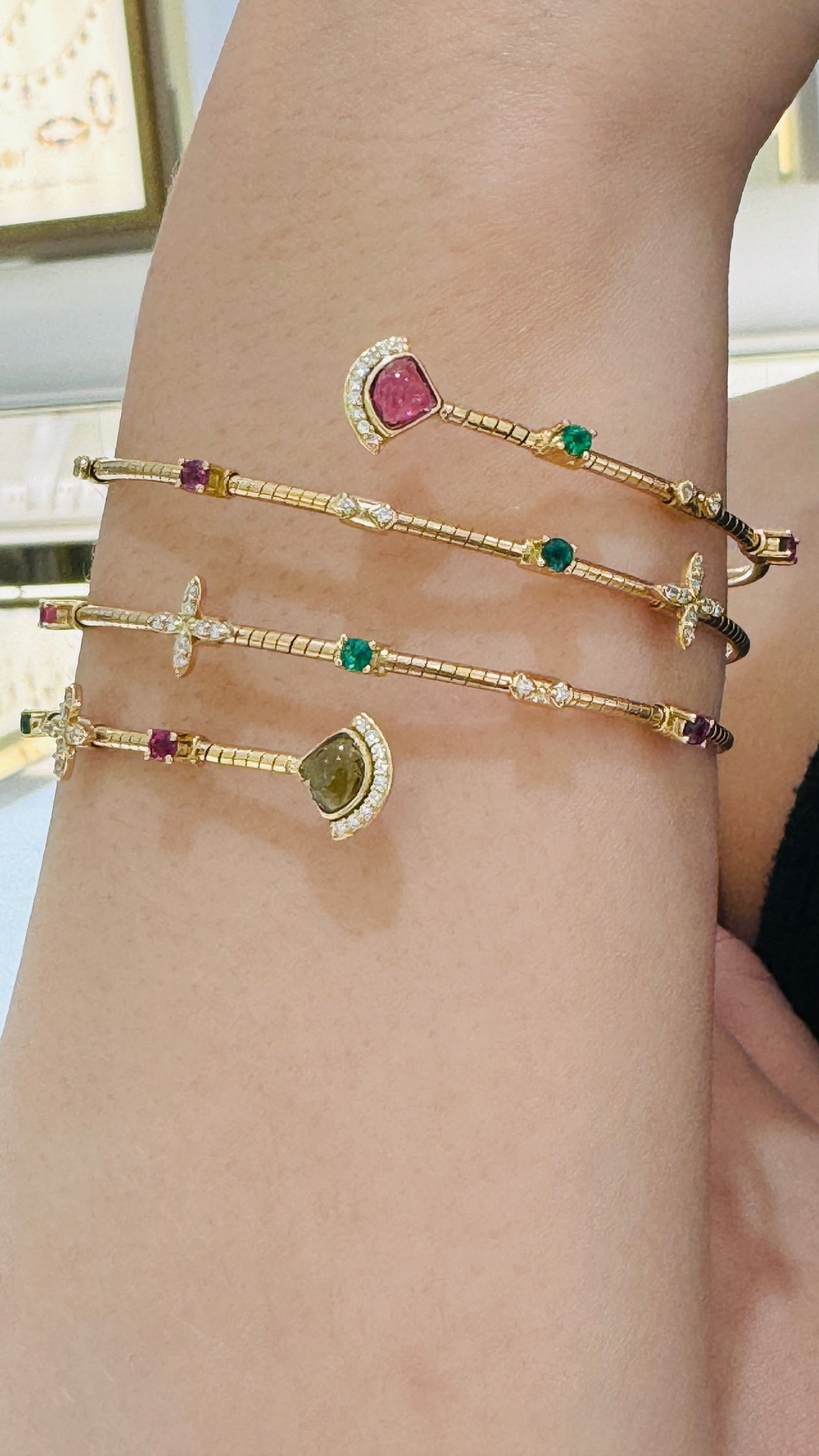 Multicolor Gemstone & Diamond 3 Row Symphony Bracelet In 18K Yellow Gold