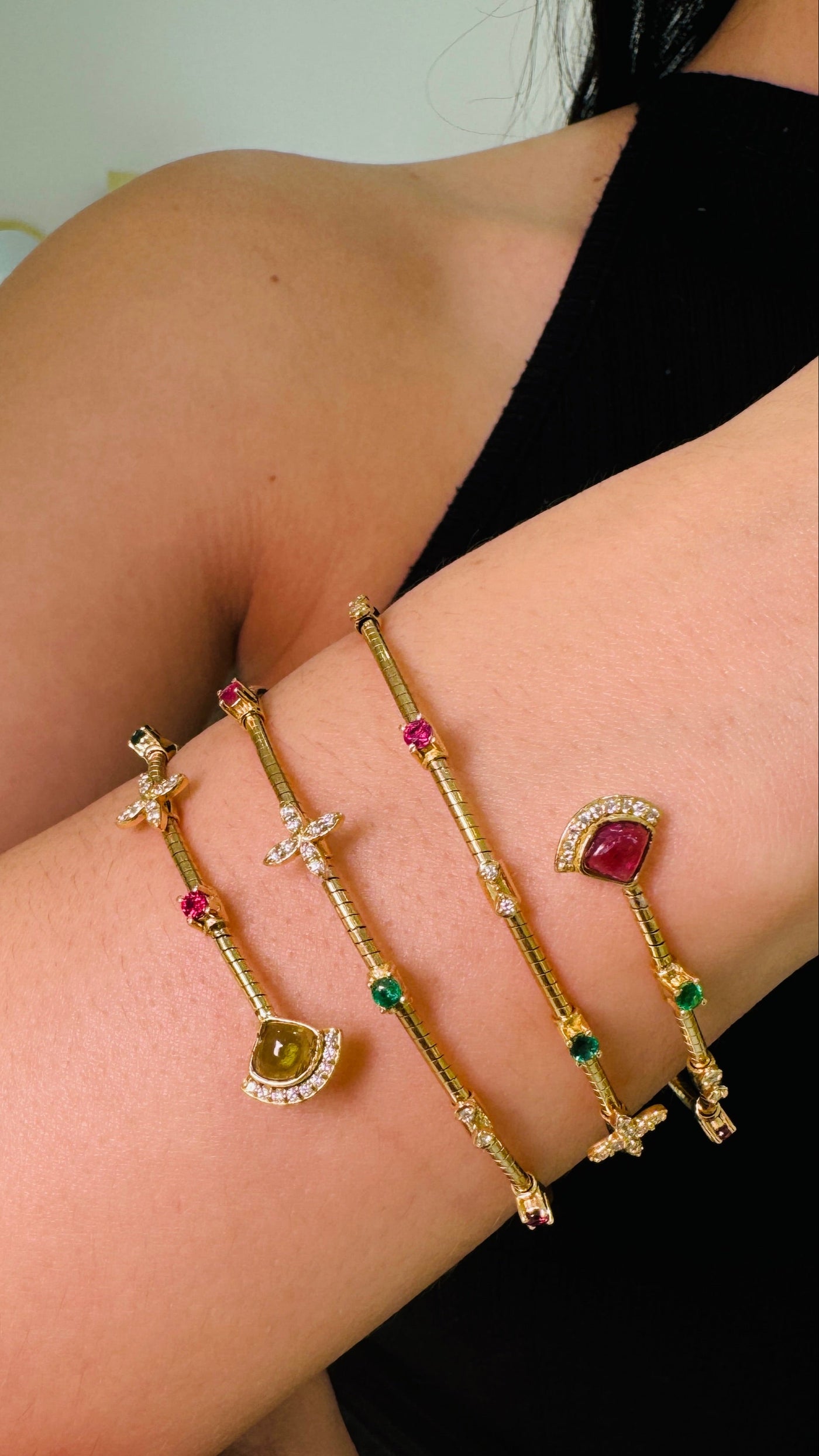 Multicolor Gemstone & Diamond 3 Row Symphony Bracelet In 18K Yellow Gold