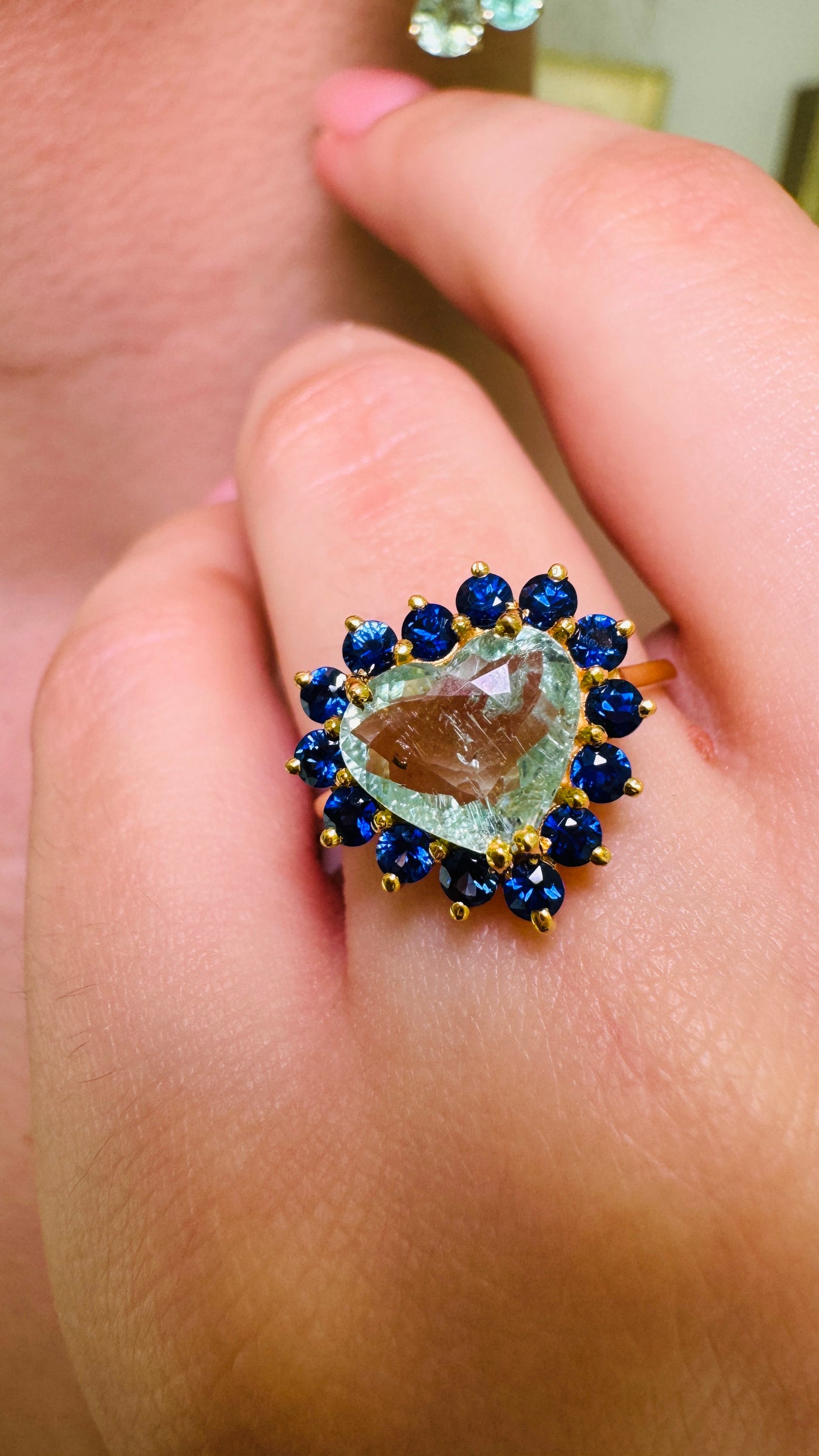 Paraiba Tourmaline Heart shape & Blue Sapphire Round Ring In 18K Yellow Gold