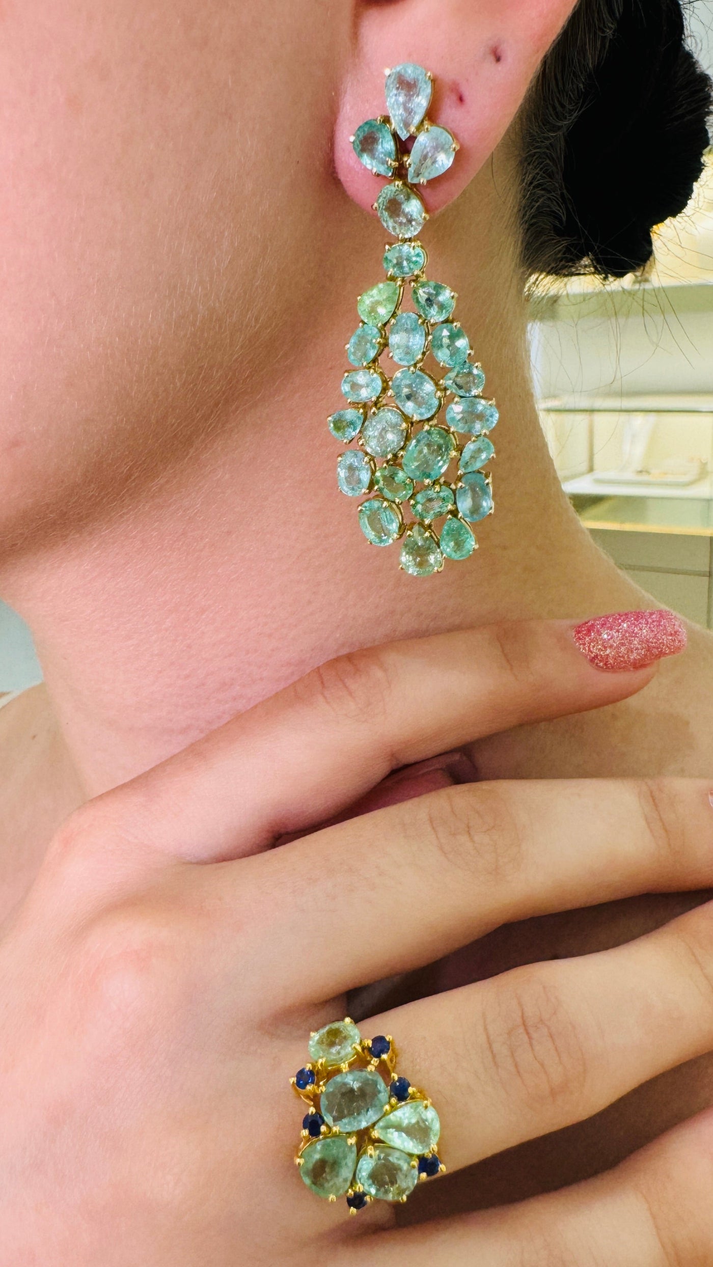 Paraiba Tourmaline Mix Shape & Blue Sapphire Rd. Ring In 18K Yellow Gold