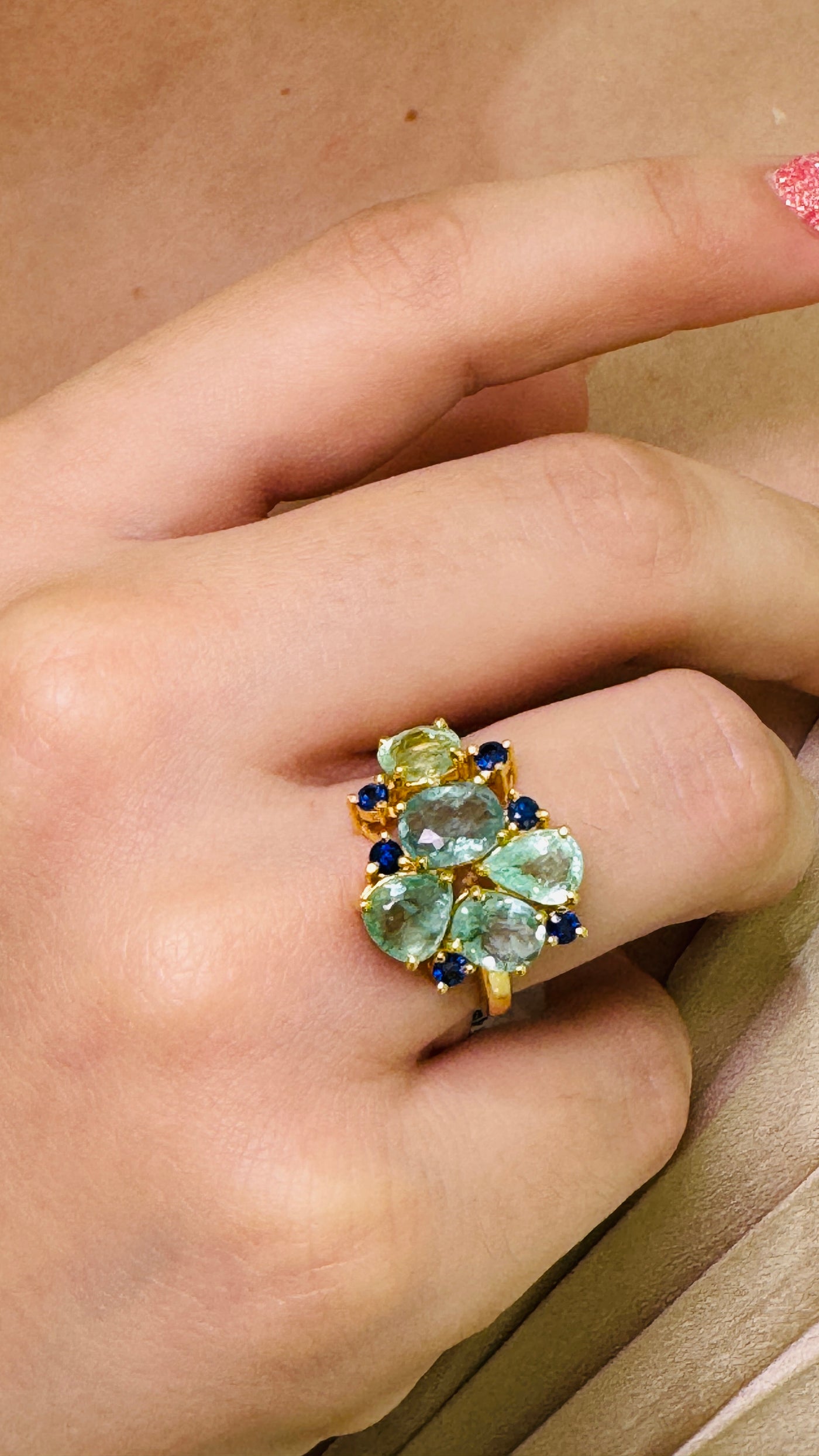 Paraiba Tourmaline Mix Shape & Blue Sapphire Rd. Ring In 18K Yellow Gold