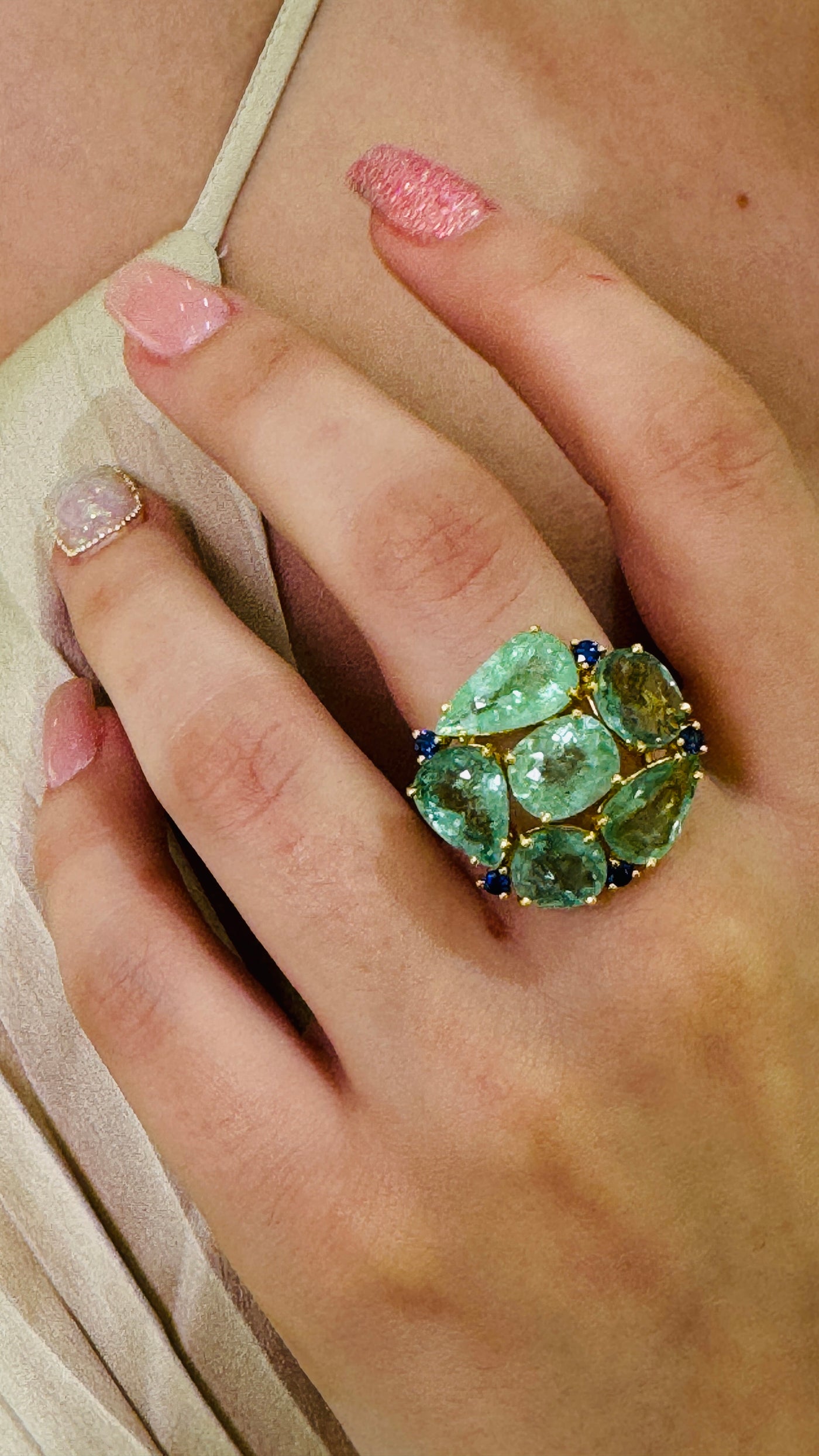 Paraiba Tourmaline Mix Shape & Blue Sapphire Rd. Ring In 18K Yellow Gold