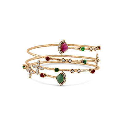 18K gold multicolor gemstone and diamond bracelet flatlay – luxury fine jewelry by Tresor Collection 18K gold multi-gemstone bangle bracelet flatlay – handcrafted colorful fine jewelry by Tresor Collection