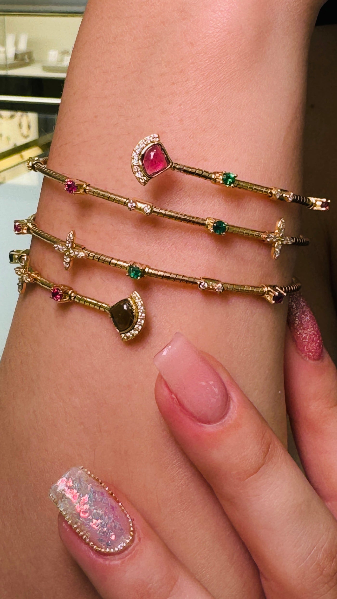 Multicolor Gemstone & Diamond 3 Row Symphony Bracelet In 18K Yellow Gold - Tresor Collection Stacked look of gold multi-gemstone bangle bracelets on wrist – elegant handcrafted jewelry by Tresor Collection