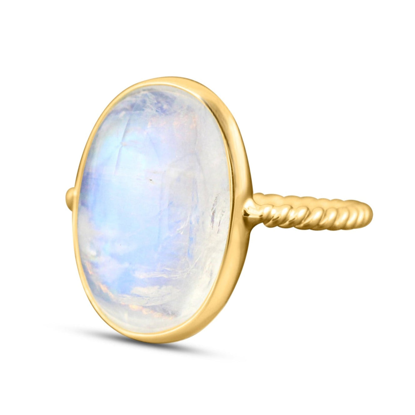 18K gold Rainbow Moonstone oval ring – luxury handcrafted fine jewelry for women 18K gold moonstone ring flatlay – luxury handcrafted jewelry with a radiant moonstone centerpiece.
