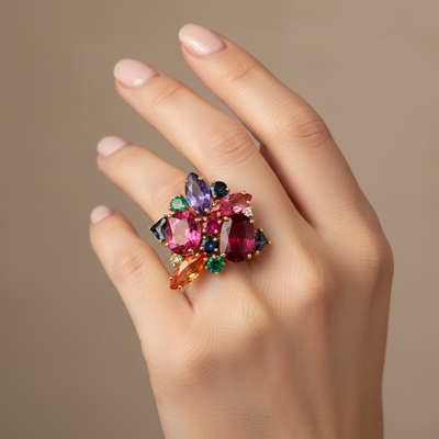 Hand wearing a colorful gemstone ring against a neutral background Close-up of 18K gold multicolor gemstone ring – handcrafted statement jewelry from Tresor Collection