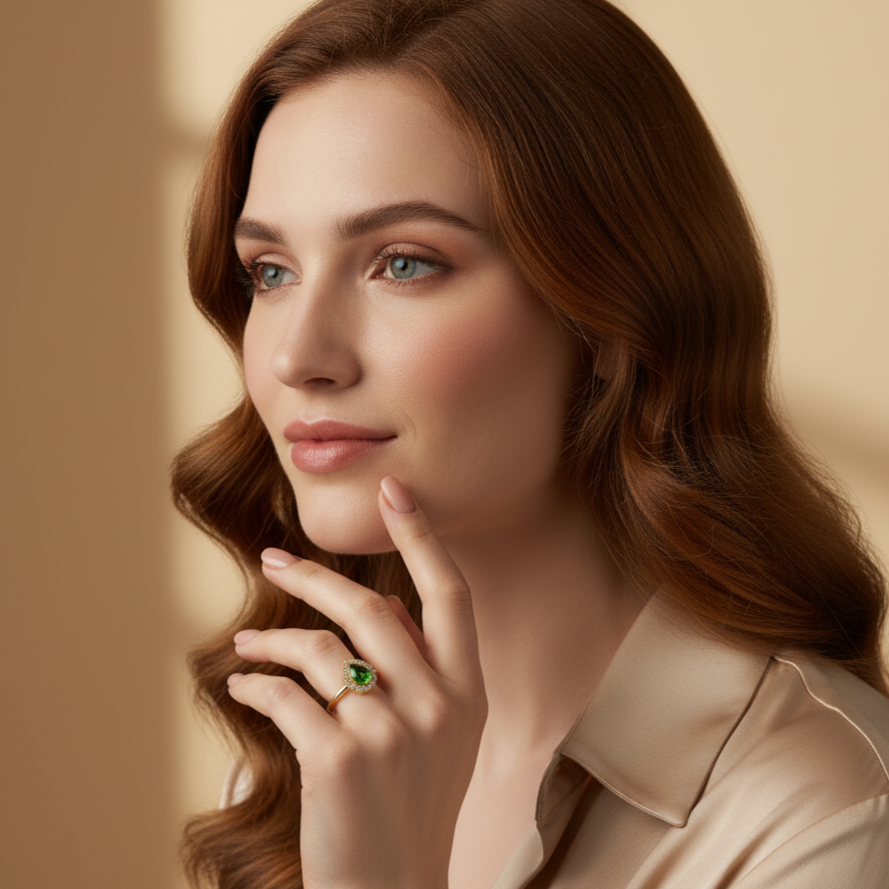 Woman wearing a green ring on a beige background Tsavorite and diamond ring styled for festive occasions – luxury handcrafted jewelry from Tresor Collection