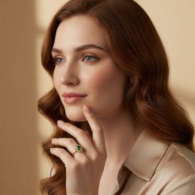 Woman wearing a green ring on a beige background Tsavorite and diamond ring styled for festive occasions – luxury handcrafted jewelry from Tresor Collection