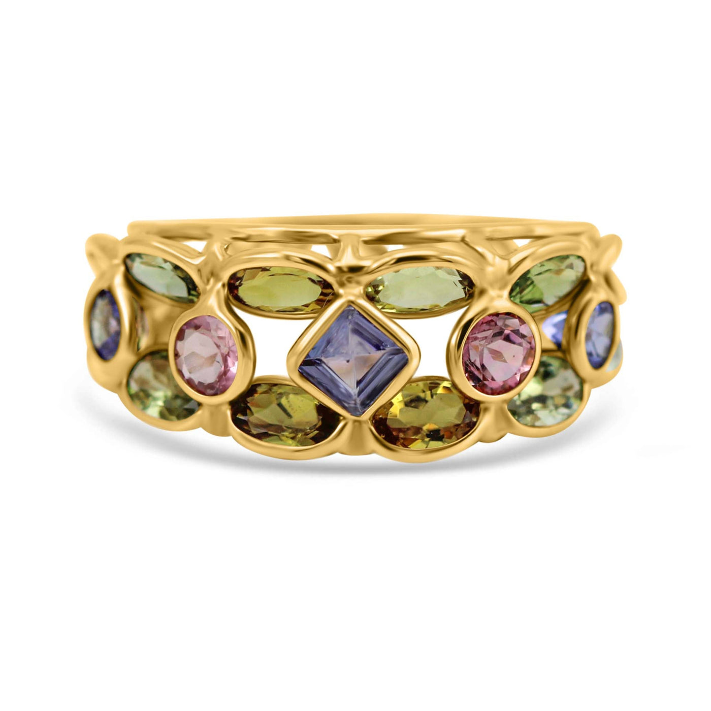 Gold ring with multicolored gemstones on a white background 18K gold multicolor gemstone ring flatlay – luxury statement jewelry by Tresor Collection