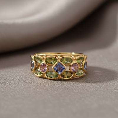 Gold ring with multicolored gemstones on a beige surface Close-up of 18K gold multicolor gemstone ring – handcrafted fine jewelry from Tresor Collection boutique