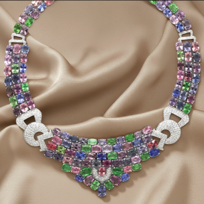 Multicolored gemstone necklace on a beige fabric background Close-up of 18K gold multicolor gemstone necklace – handcrafted fine jewelry from Tresor Collection boutique