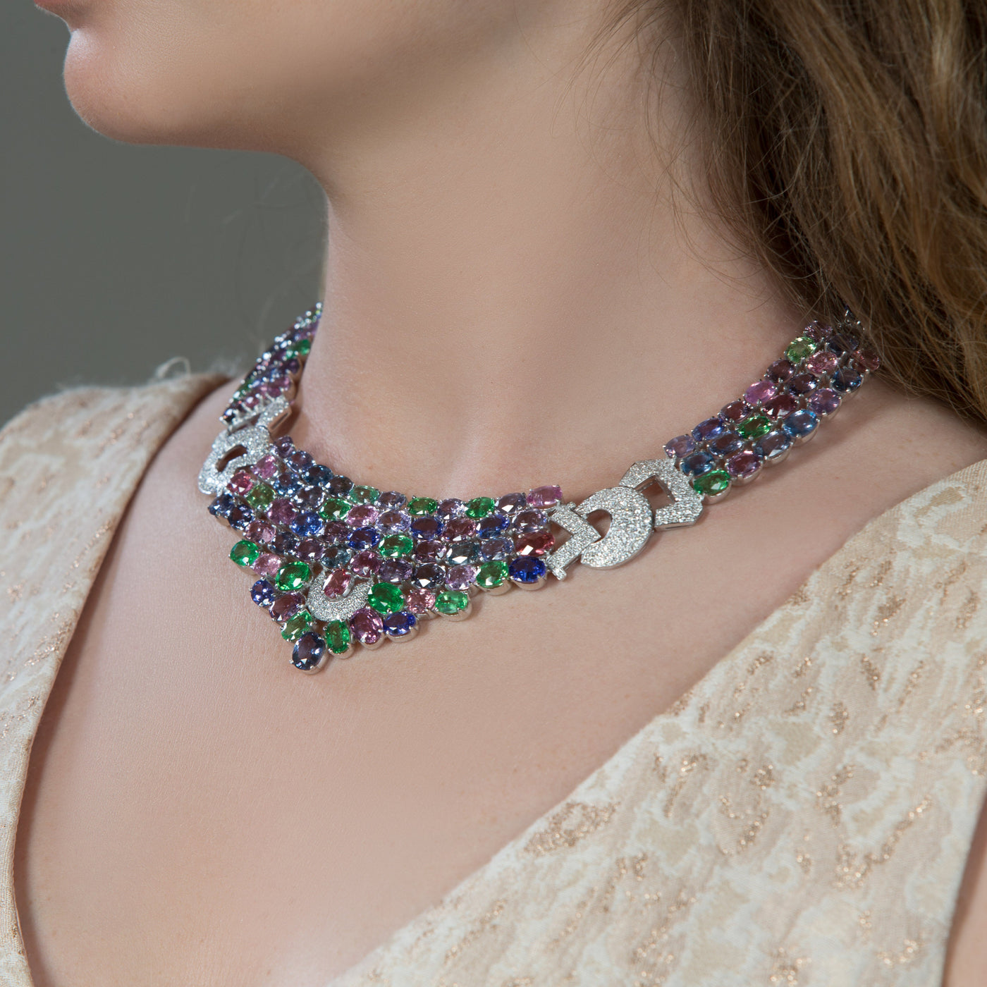 Statement gemstone necklace styled for festive and red-carpet occasions – luxury jewelry by Tresor Collection