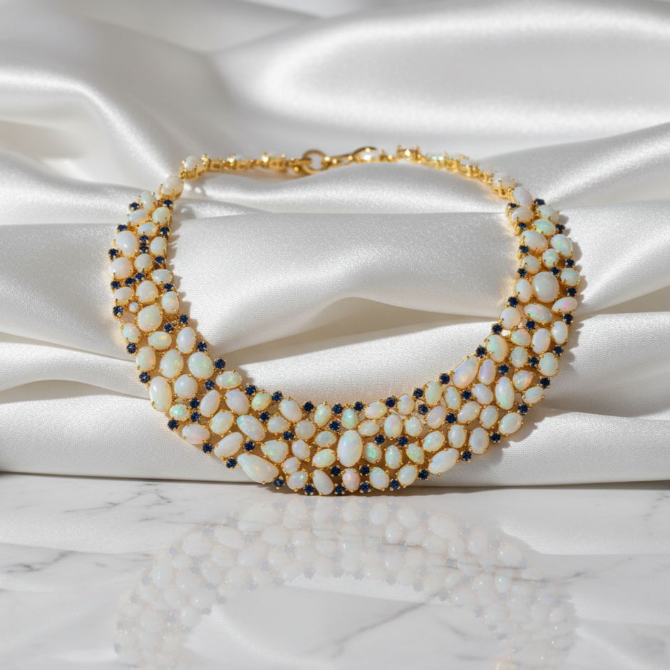 Opal necklace with gold and blue accents on a white satin background Close-up of 18K gold Ethiopian opal and blue sapphire necklace – handcrafted gemstone jewelry from Tresor Collection