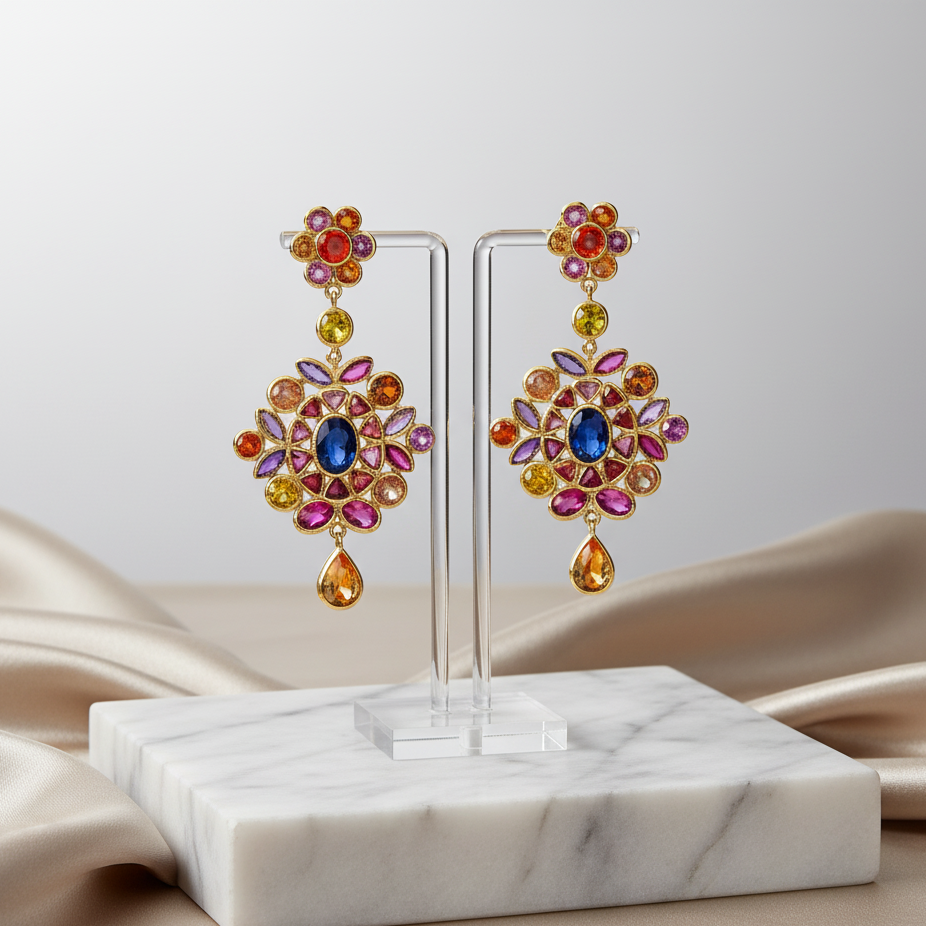 Colorful gemstone earrings on a marble stand with a soft fabric background Elegant multi-sapphire gold earrings on display – designer statement jewelry by Tresor Collection