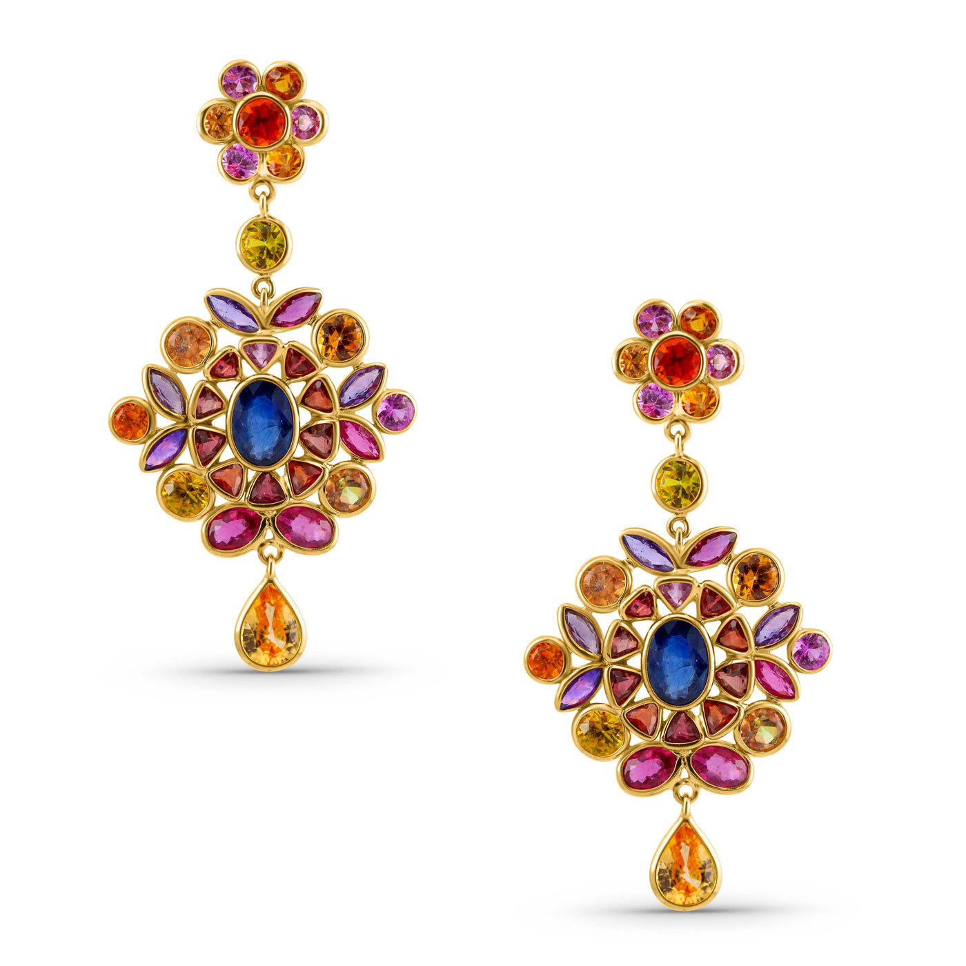 Colorful gemstone earrings on a white background 18K gold multi-sapphire drop earrings flatlay – luxury fine jewelry by Tresor Collection