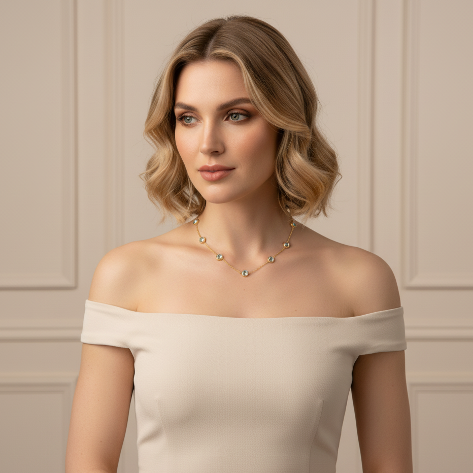 Woman wearing an off-shoulder top and necklace against a neutral background Aquamarine necklace styled for daily and evening elegance – luxury handcrafted jewelry from Tresor Collection