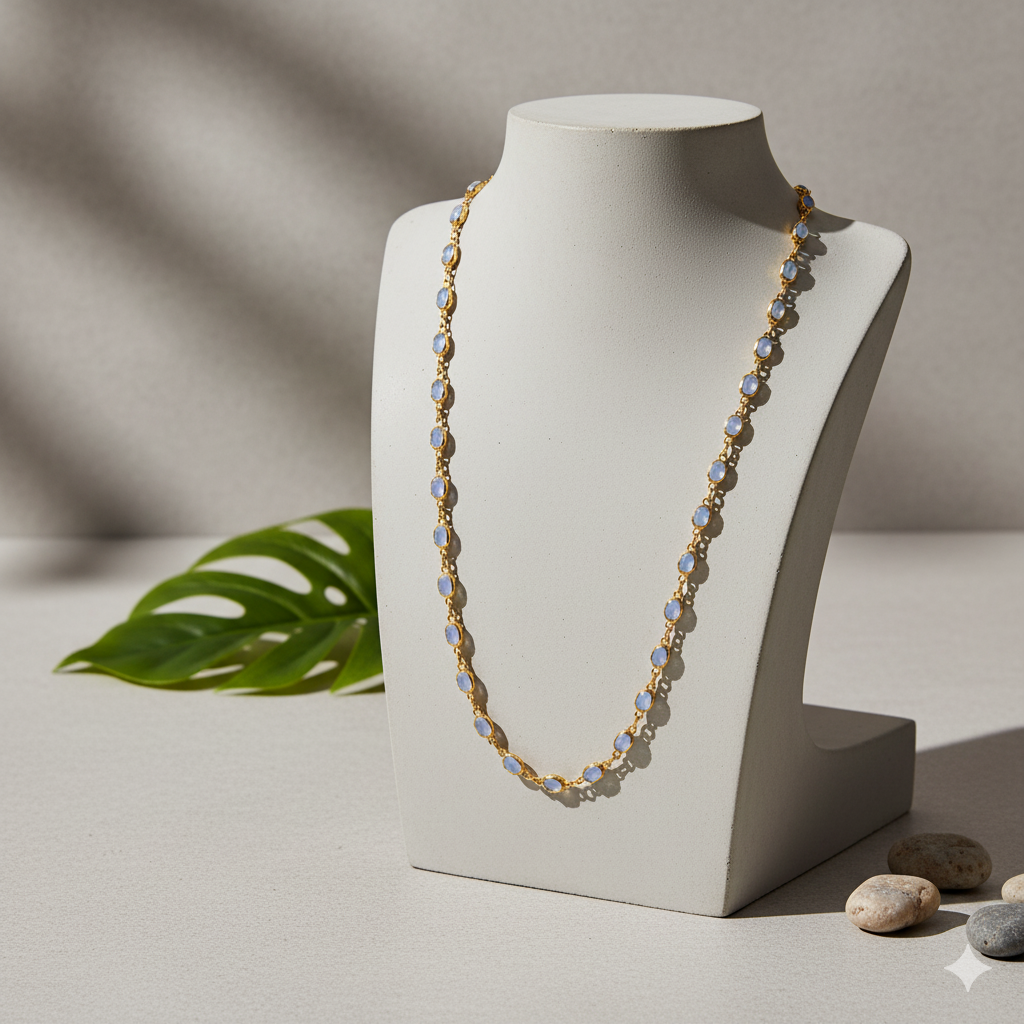 30-inch rainbow moonstone gold necklace on display – handcrafted fine jewelry by Tresor Collection