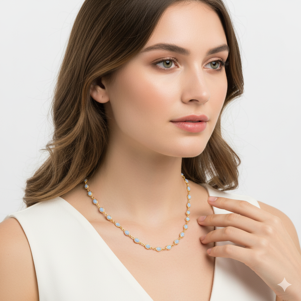 Elegant rainbow moonstone necklace on model – minimalist 18K gold jewelry by Tresor Collection