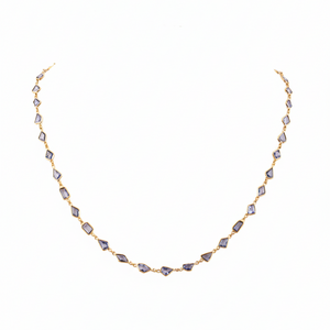 Necklace with purple beads on a white background 18K gold blue sapphire necklace flatlay – luxury fine jewelry by Tresor Collection