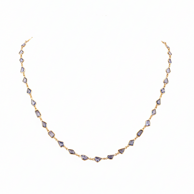 Necklace with purple beads on a white background 18K gold blue sapphire necklace flatlay – luxury fine jewelry by Tresor Collection