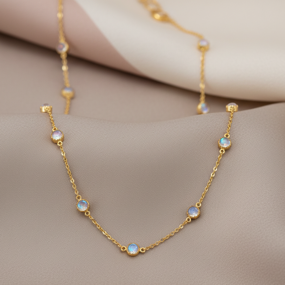 Gold necklace with small gemstones on a beige surface Rainbow moonstone necklace styled on soft fabric – handcrafted gemstone jewelry from Tresor Collection